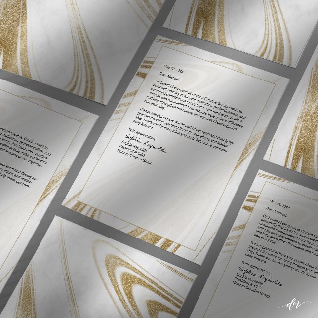 Papel Timbrado Elegante Mármore Dourado (Two-sided letterhead layout for structured, polished business correspondence.)