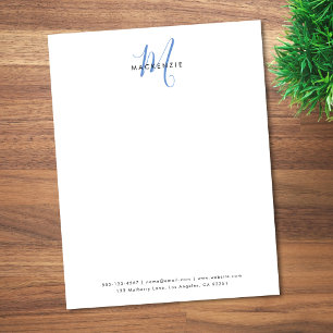 Papel Timbrado Elegante Monograma Moderno em Branco e Azul com Le