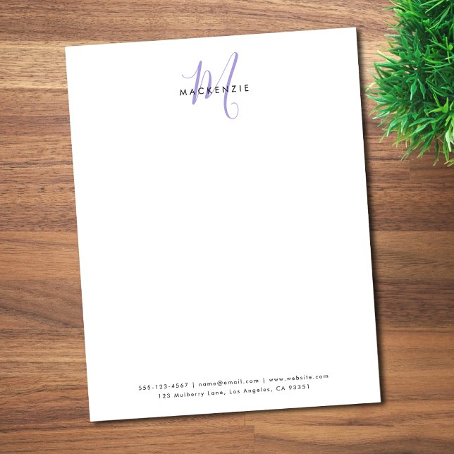 Papel Timbrado Elegante Monograma Moderno em Branco e Lavanda com (Criador carregado)