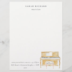Papel Timbrado Elegante Músico de Piano com Música em Aquarela Pr