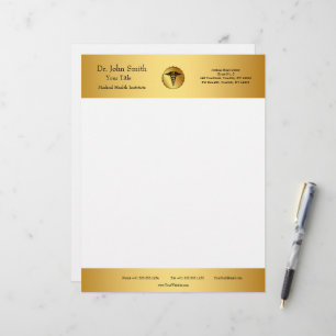 Papel Timbrado Emblema Médico Caduceu Branco & Dourado Elegante