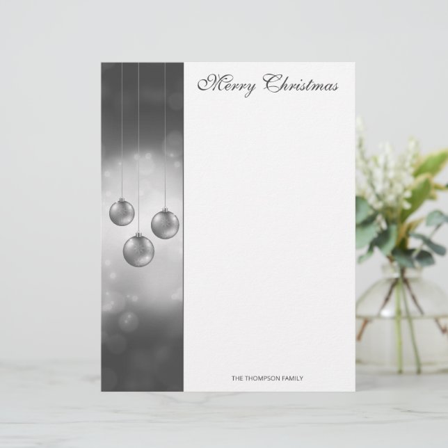 Papel Timbrado Enfeites de Natal Cinza Prata com Texto Personaliz (Em pé/Frente)