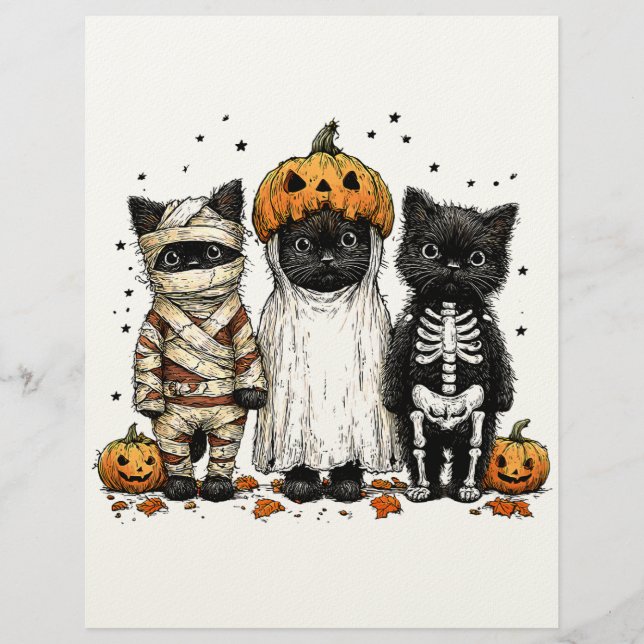Papel Timbrado Engraçado Três Gatos De Halloween (Frente)