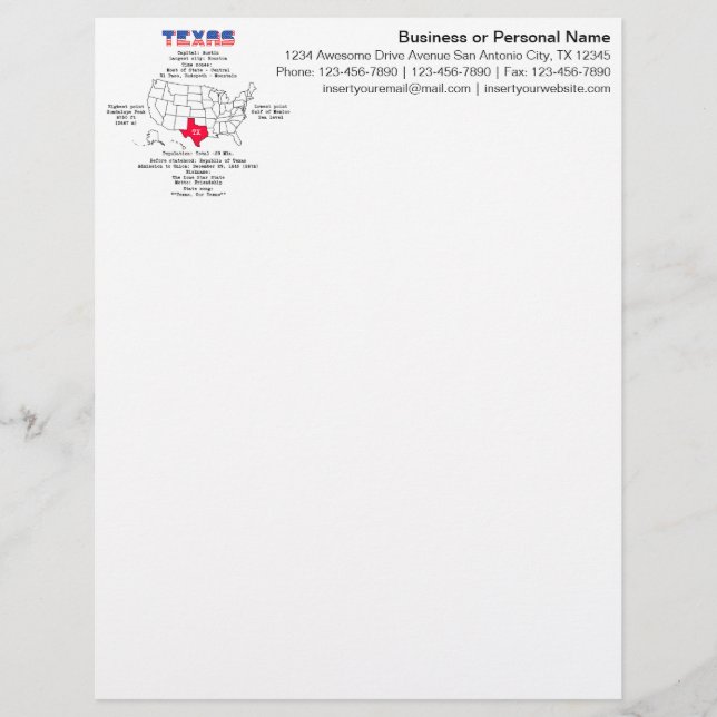 Papel Timbrado Estado do Texas americano em um mapa e informações (Frente)