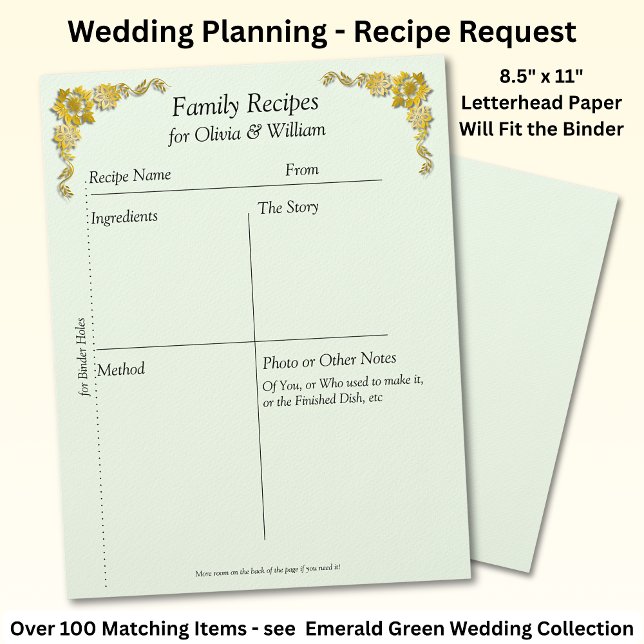 Papel Timbrado Family Recipe Sheets, Emerald Green & Gold (Criador carregado)