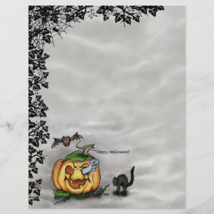 Papel Timbrado Fantasma, Gato, Bat e Pumpkin, Feliz Halloween!
