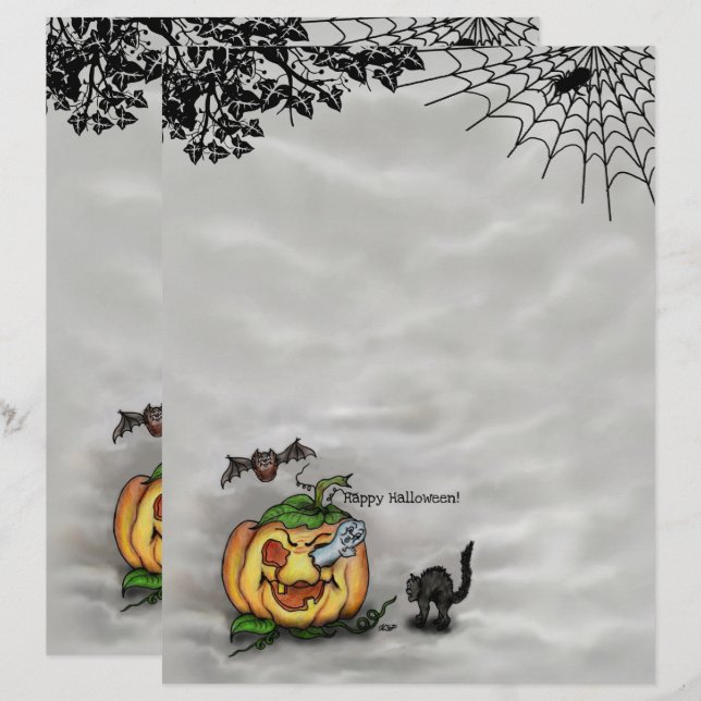 Papel Timbrado Fantasma, Gato, Bat e Pumpkin, Feliz Halloween! (Frente/Verso)