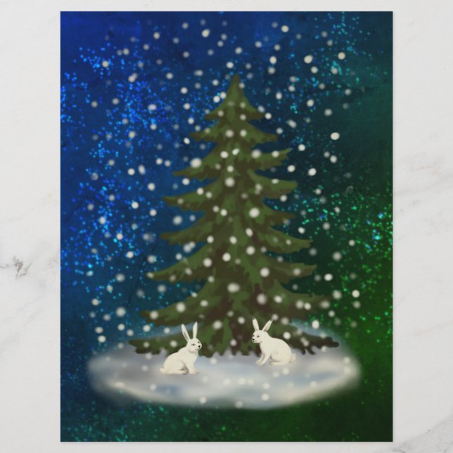 Papel Timbrado Feliz Natal, coelhinhos brancos sob um chute (Frente)