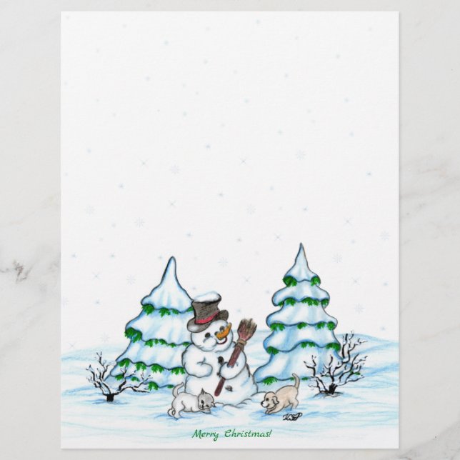 Papel Timbrado Feliz Natal! Snowman com Cat e Letra Puppy (Frente)