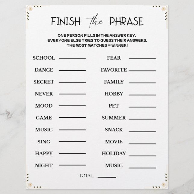 Papel Timbrado Finish the Phrase Game – Printable Guessing Party (Frente)