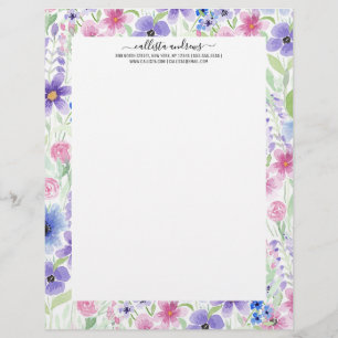 Papel Timbrado Flor Azul-Cor-de-Água Púrpura-Rosa-Elegante-País