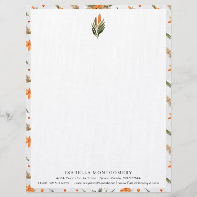 Papel Timbrado Floral Simples de Verdura Rústica | Monograma (Frente)