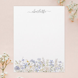 Papel Timbrado Flores Azuis Elegantes Monograma Floral Aquarela