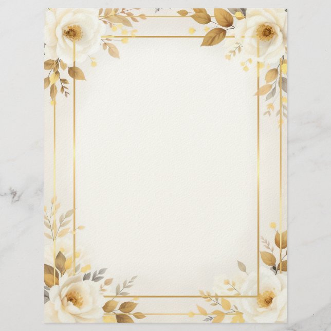 Papel Timbrado Flores Brancas e Douradas e Papelaria de Moldura D (Frente)