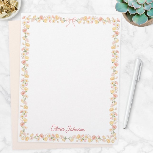 Papel Timbrado Flores Florais Amarelas Rosadas Monogramadas Aquar (Criador carregado)