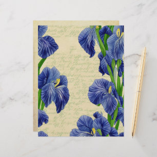 Papel Timbrado Flores Iris azuis padrão de efemérsia de vintagem