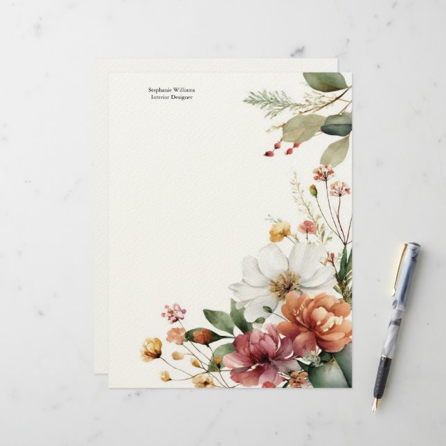 Papel Timbrado Flores Personalizadas Burgundy Teal Branco  (Frente/Verso In Situ)