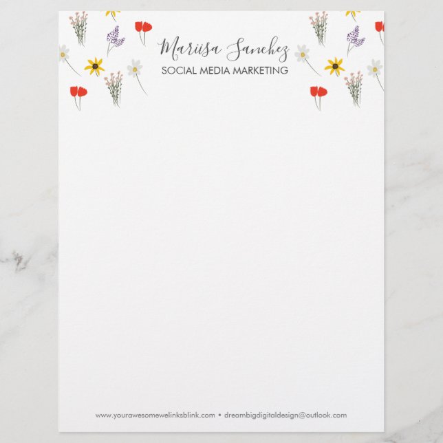 Papel Timbrado Flores Silvestres Nome Script Floral Moderno Cabeç (Frente)