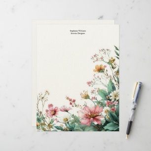 Papel Timbrado Flores Silvestres Rosa e Verde Personalizadas Flor