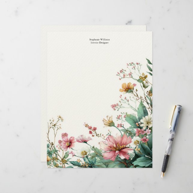 Papel Timbrado Flores Silvestres Rosa e Verde Personalizadas Flor (Frente/Verso In Situ)