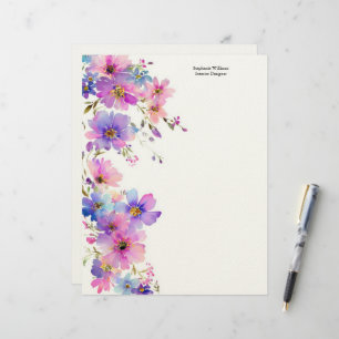 Papel Timbrado Flores Silvestres Rosa Roxo Personalizadas