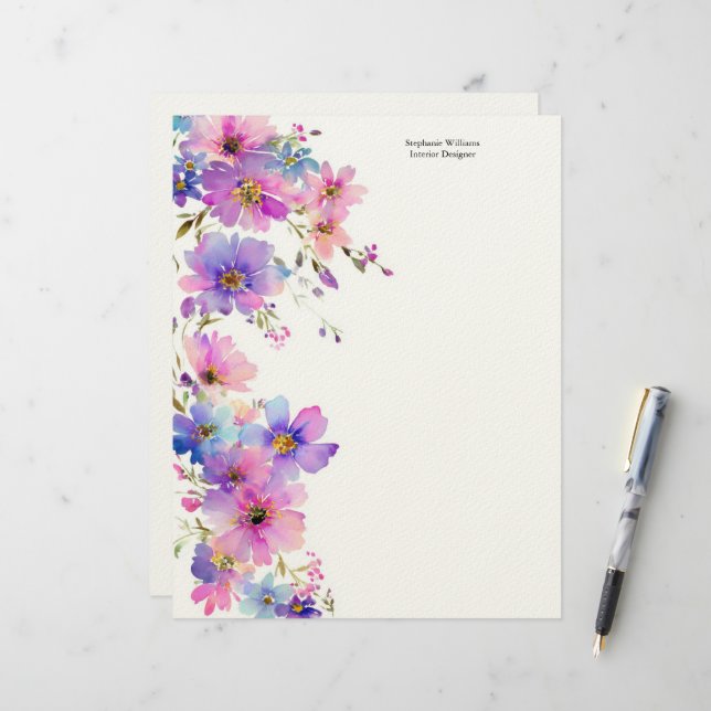 Papel Timbrado Flores Silvestres Rosa Roxo Personalizadas (Frente/Verso In Situ)