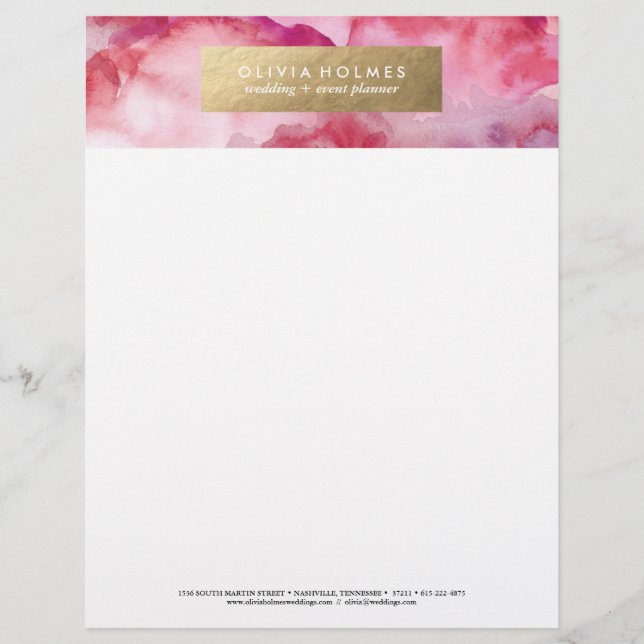 Papel Timbrado Folha Cor de Água, Cor de Rosa Faux, Letreiro (Frente)