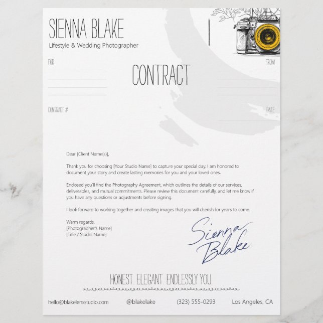 Papel Timbrado Folha de Rosto de Contrato de Fotógrafo de Câmera  (Frente)
