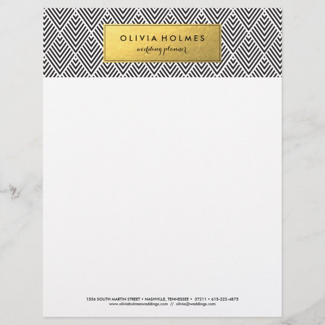 Papel Timbrado Folha Preta e Dourada Folha Chevron Letterhead (Frente)