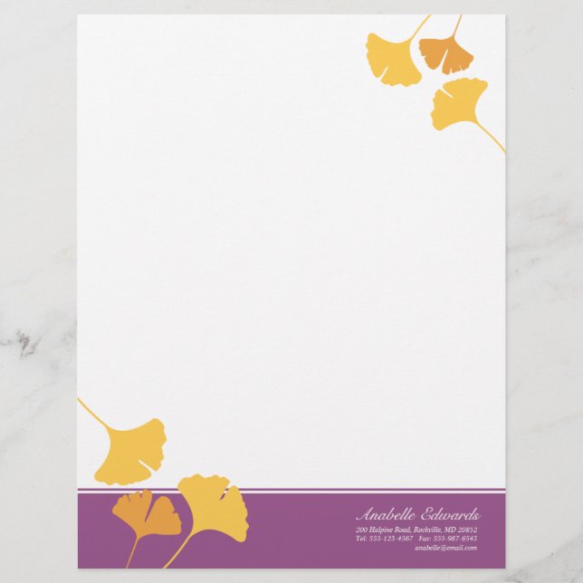 Papel Timbrado Folhas de ginkgo ouro amarelo púrpura outono (Frente)