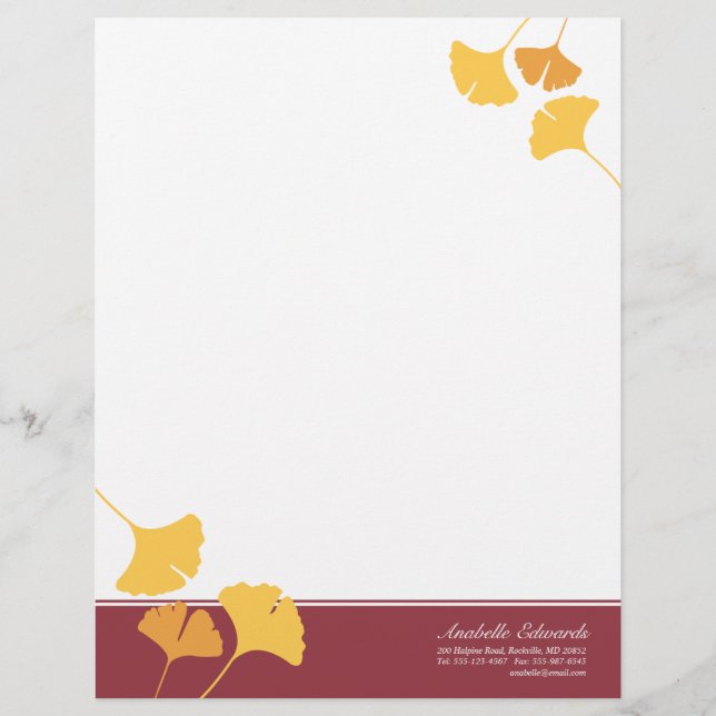 Papel Timbrado Folhas de ginkgo ouro marrom amarelo outono (Frente)