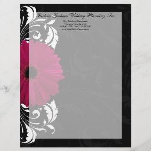 Papel Timbrado Fuchsia Scroll Gerbera Daisy w/Black and White