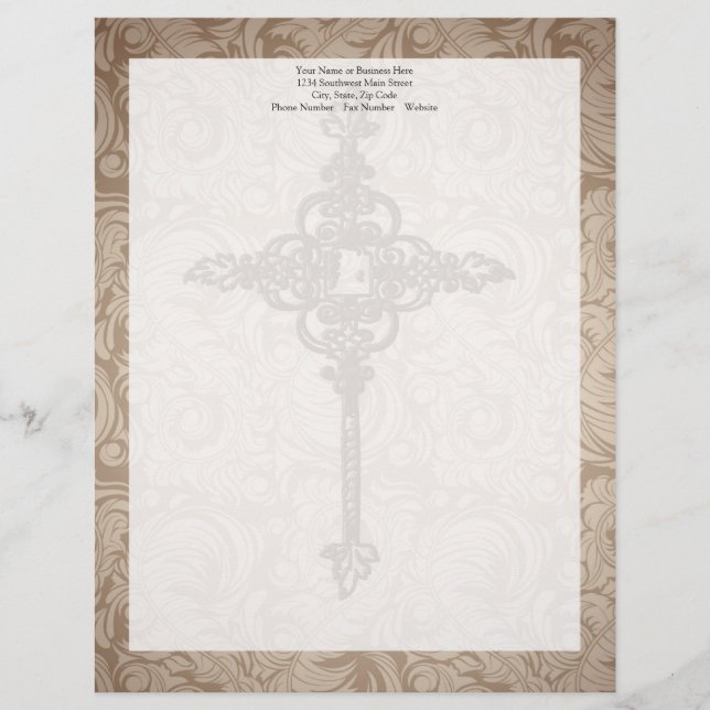 Papel Timbrado Fundo Elegante Scroll Christian Cross c/Swirl (Frente)