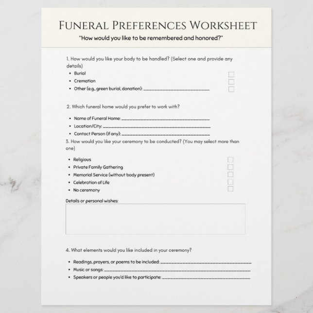 Papel Timbrado  Funeral Preferences Worksheet (Frente)