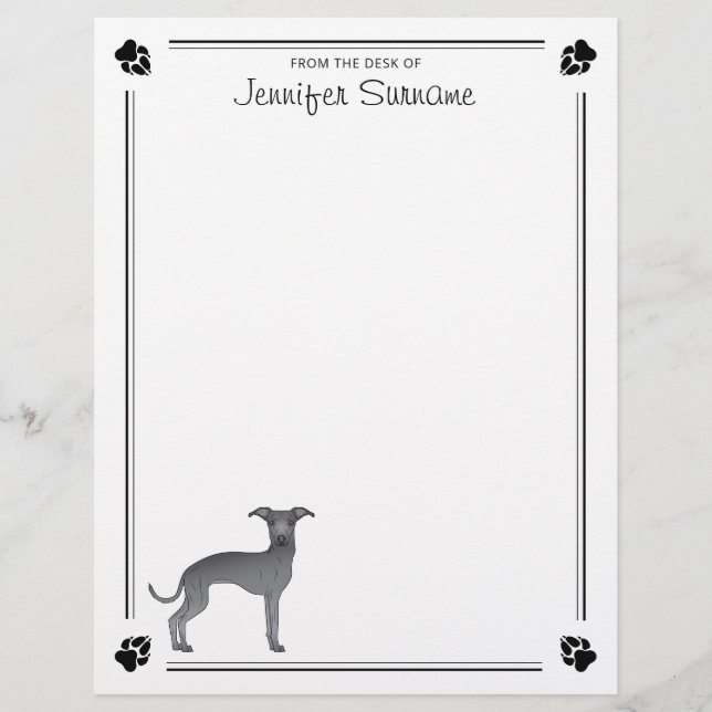 Papel Timbrado Galgo Italiano Azul com Patas e Texto Personalizad (Frente)
