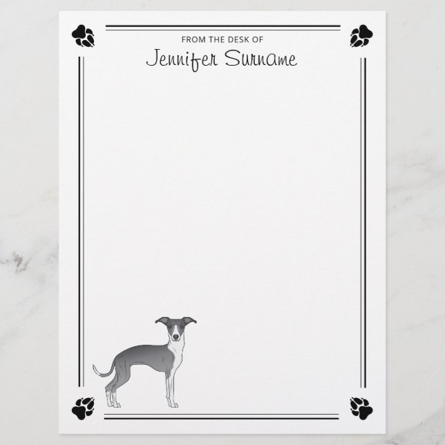 Papel Timbrado Galgo Italiano Azul e Branco com Patas e Texto (Frente)