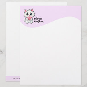 Papel Timbrado Gato Branco Fofo Segurando um Coração 1