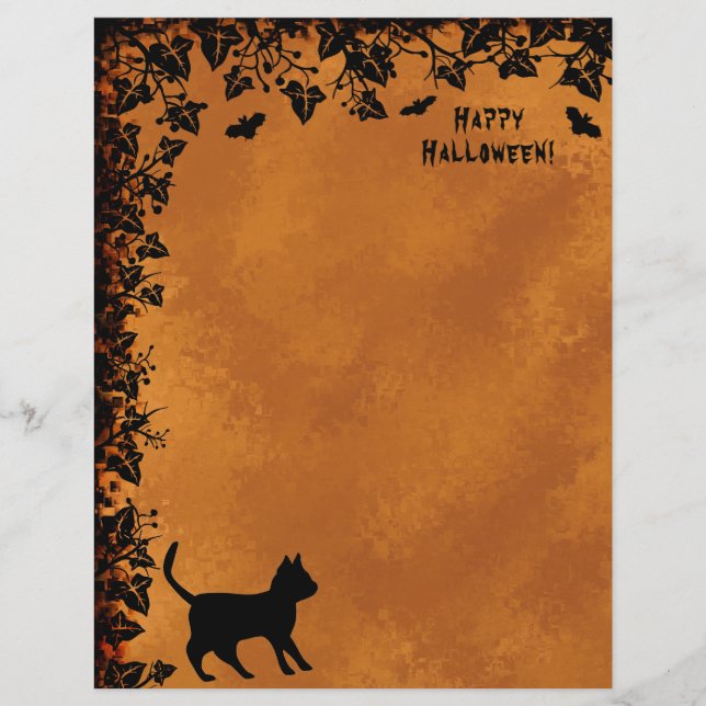 Papel Timbrado Gato Negro com Bat, Feliz Cabeça de Halloween (Frente)