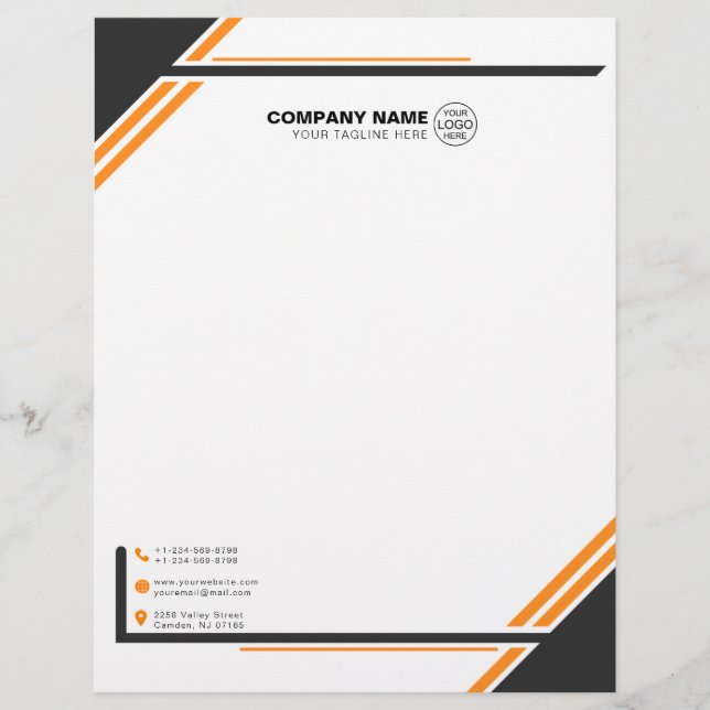 Papel Timbrado Geométrico Moderno Preto e Laranja (Frente)