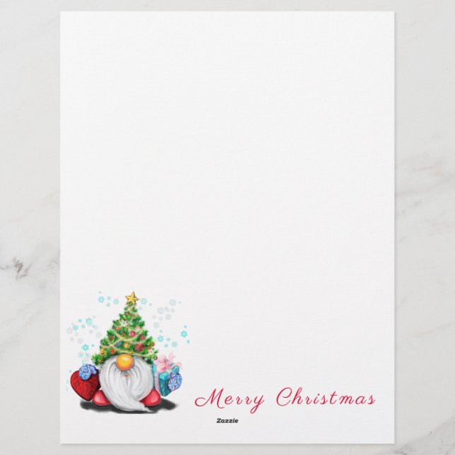 Papel Timbrado Gnomo com chapéu de árvore de Natal e cabeça de pr (Verso)