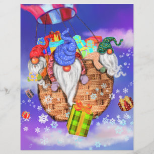 Papel Timbrado Gnomos de Natal Voando Balão e Dando Presentes 