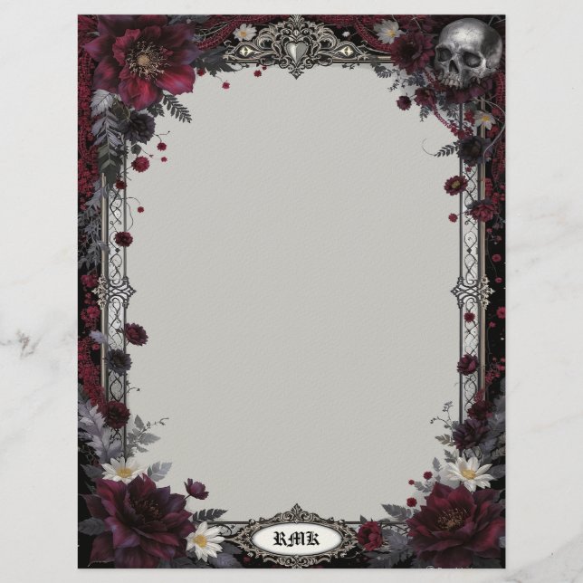 Papel Timbrado Goth with Red & White Flowers & Skull Stationery (Frente)
