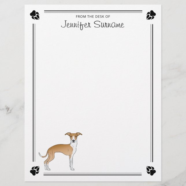 Papel Timbrado Greyhound Italiano, Branco E Fawn E Paws E Texto (Frente)