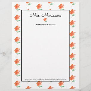Papel Timbrado Hibisco Laranja Água-forte Mão Verão Script