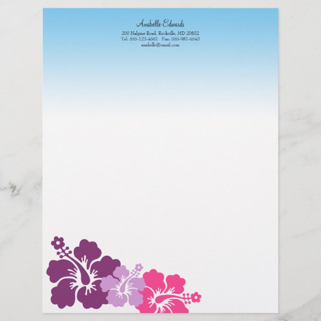 Papel Timbrado Hibiscus flores do lilac roxo verão (Frente)