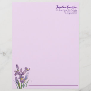 Papel Timbrado Ilustração Botânica de Íris Roxa em Aquarela