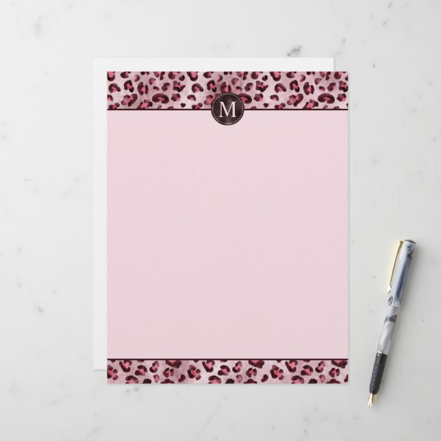 Papel Timbrado Impressão de Animal Leopardo Rosa Com Monograma de (Frente/Verso In Situ)