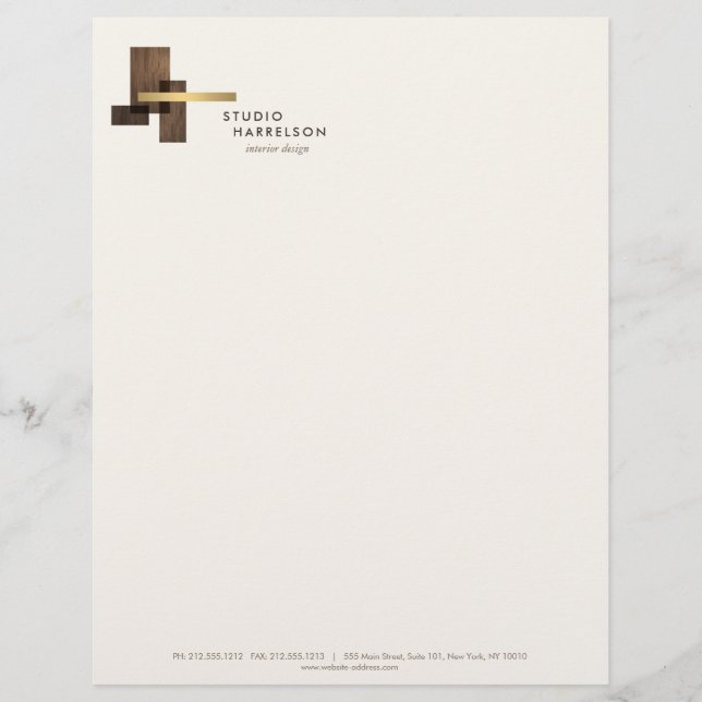 Papel Timbrado Interior Designer Wood Gold Logo Ivory (Frente)