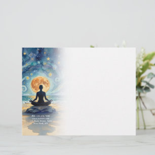 Papel Timbrado Ioga Meditação Céu Noturno Estrelado Lua Praia Oce