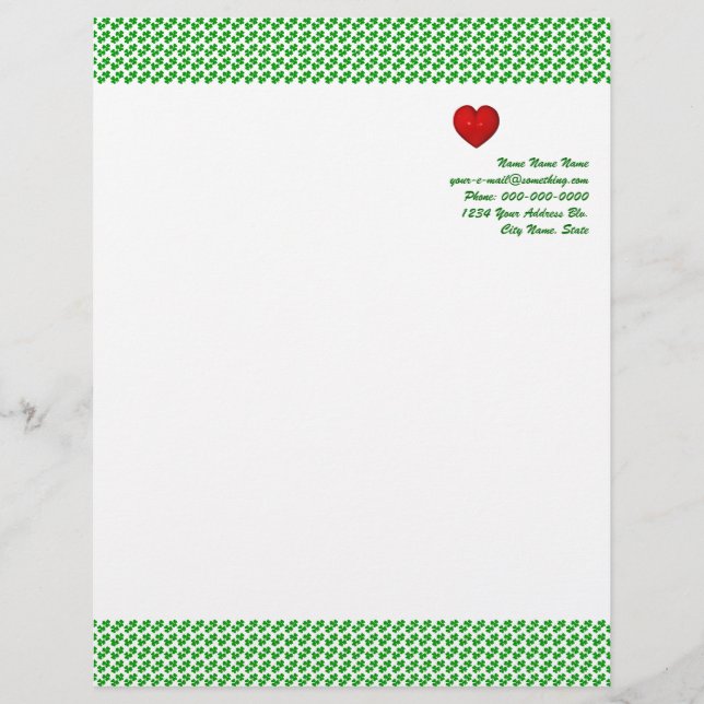 Papel Timbrado Irish Love Shamrock com o coração vermelho Letreir (Frente)